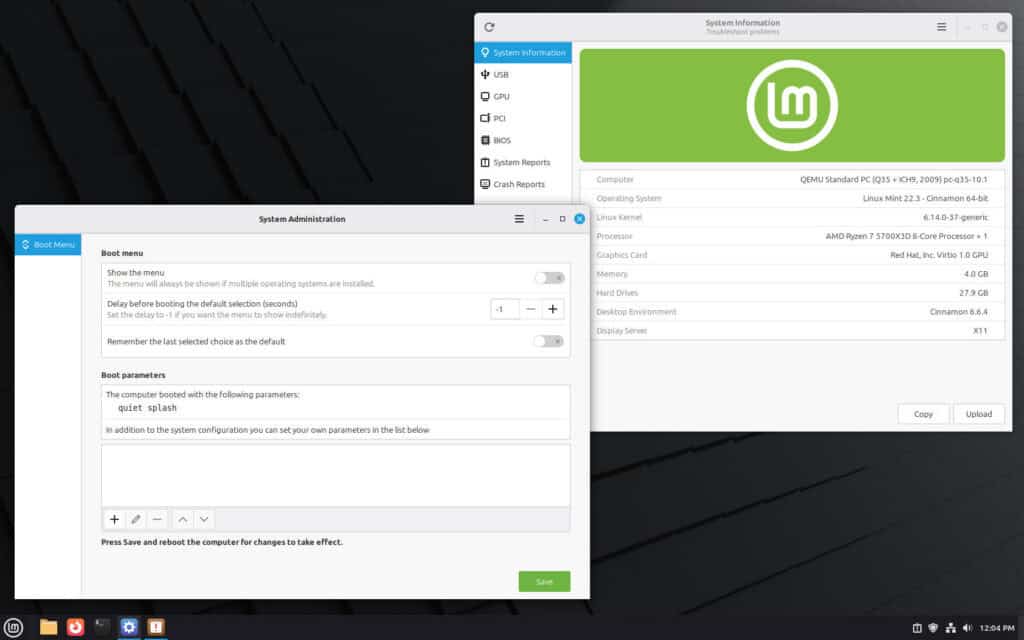 Mint 22.3 führt zwei neue Systemtools ein: System Information und System Administration.